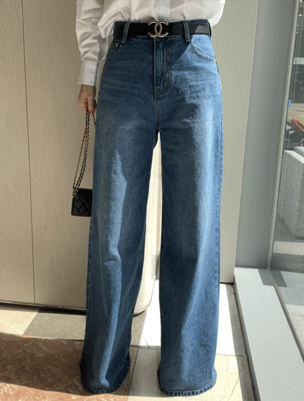 Perfect Fit Washed Wide Denim Pants (Deep Blue)