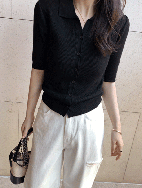 Meti Collar Short-Sleeved Knitwear (Black, Ivory, Light Gray, Sky, Magenta)
