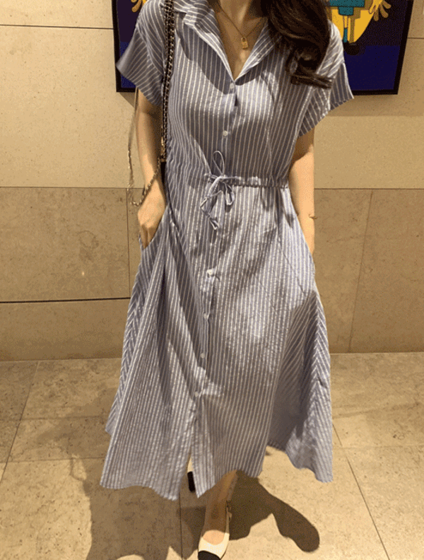 [Leana] 条纹 衬衣 拉绳 短袖 连衣裙 (深蓝色,黄色)