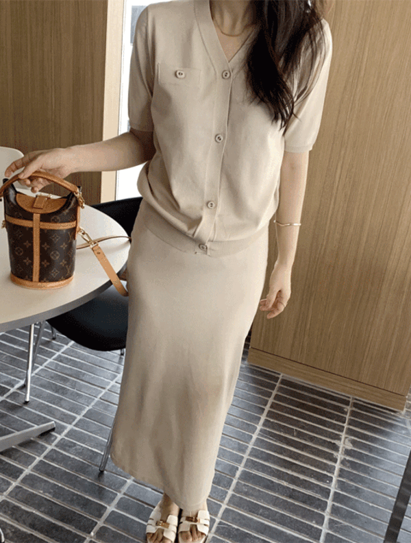 Erin V-neck cardigan solid cool knit skirt set (ivory, beige, black)