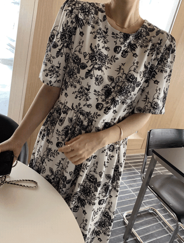 EDCH花纹印花短袖连衣裙 (黑色,粉红色,蓝色)