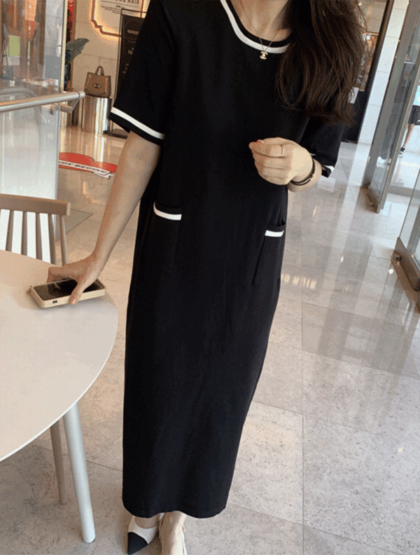 [Momo] 配色 弹力针织衫 连衣裙 (黑色,象牙色,粉红色)