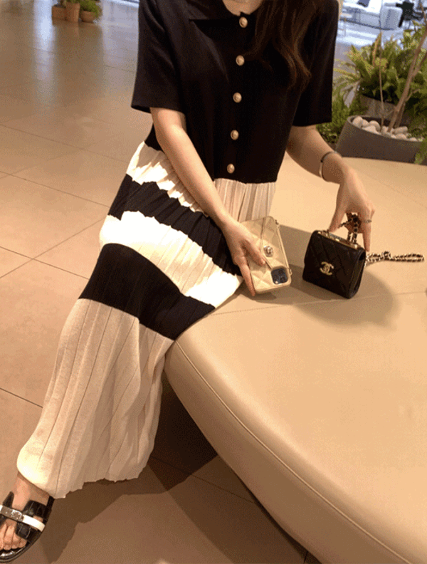 Moisture Collar Pleats Tantan Cool Knit Coloring Long Dress (Black, Ivory, Pink)