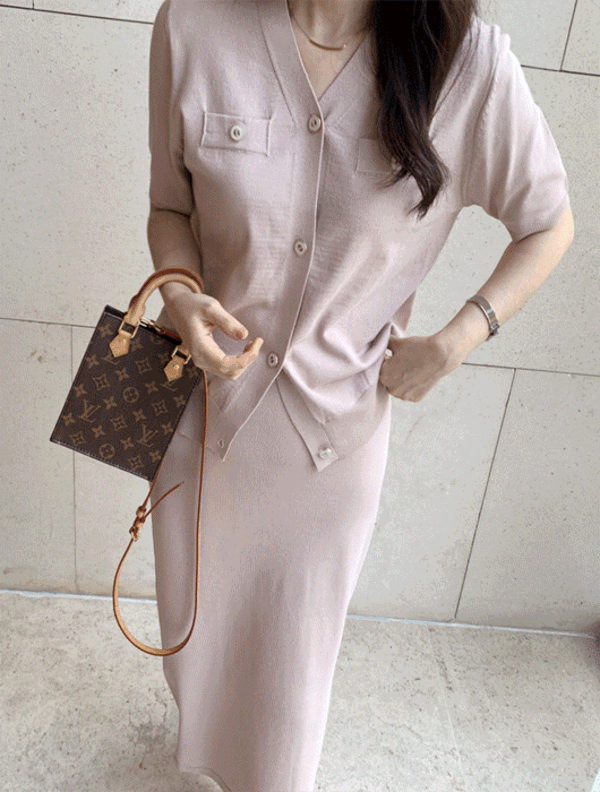 Erin V-neck cardigan solid cool knit skirt set (light pink, ivory, beige, black)