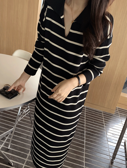Dono条纹领子针织连衣裙 (黑色,象牙色,粉色,米黄色,棕色)