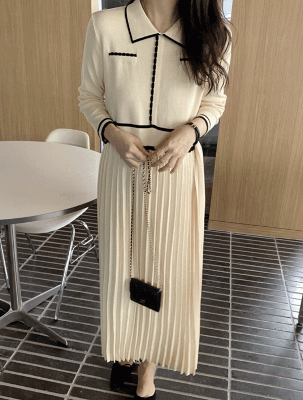 Daily Collar Coloring Tantan Knitwear Pleated Long Dress (Cream Ivory, Black)