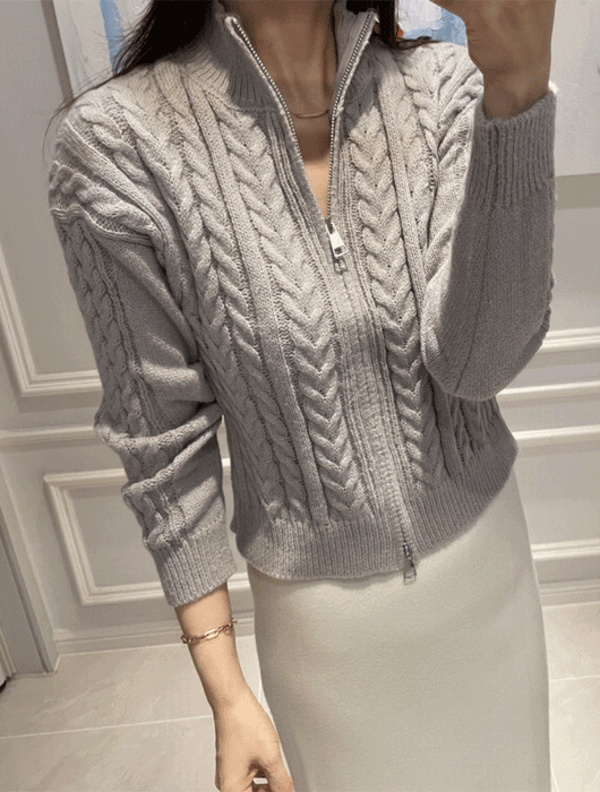 DEANG麻花拉链针织衫 (灰色,奶油象牙色,墨色)