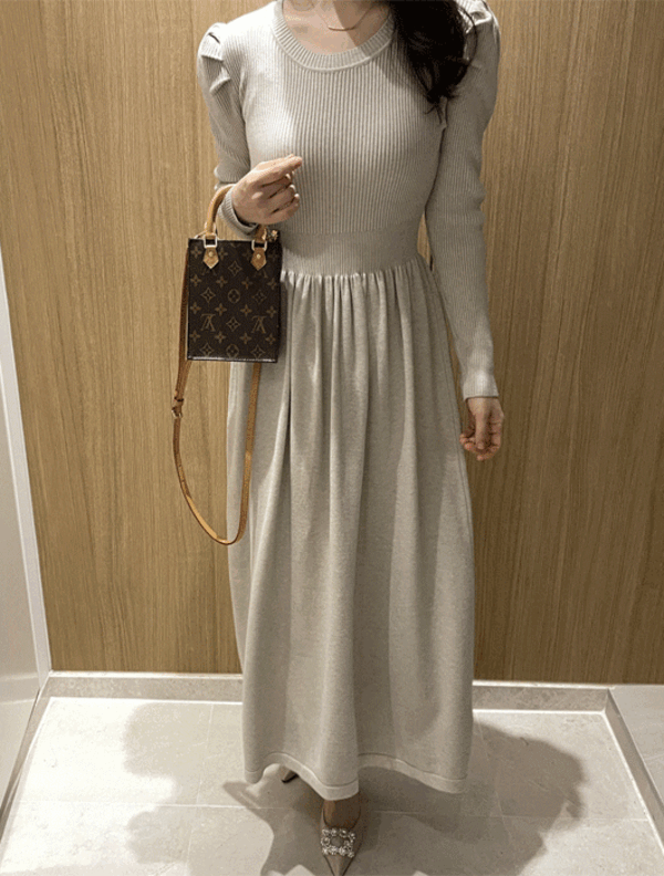 Merry volume solid knit long dress (beige, cream, black)